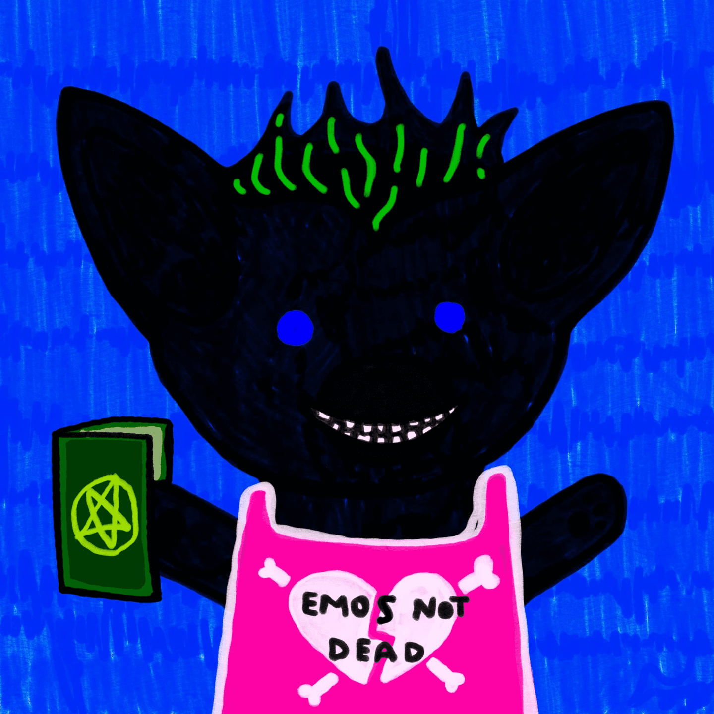 A Demonics demon in an Emos Not Dead vest, holding a green spellbook